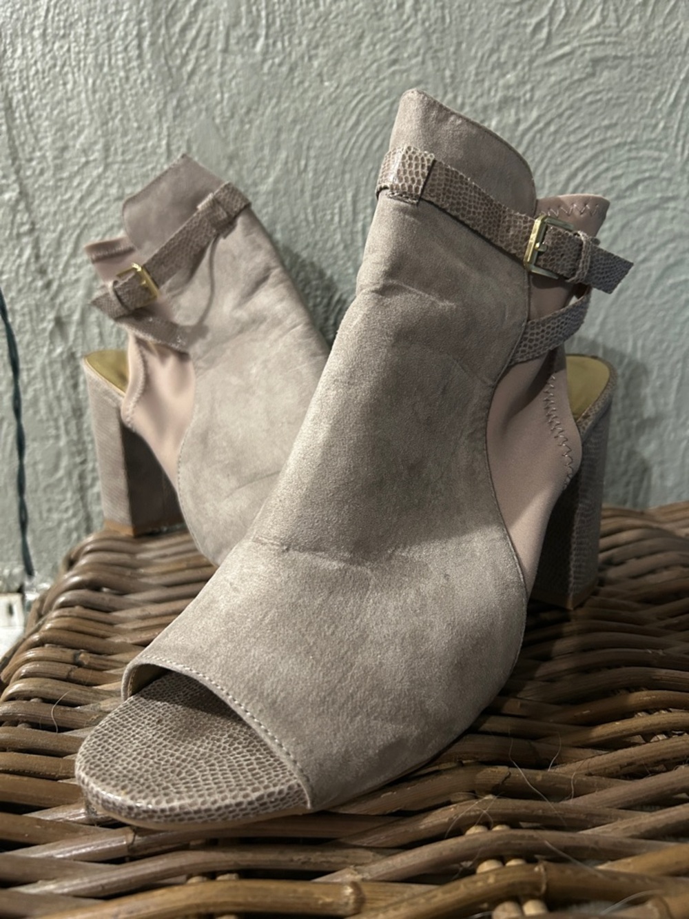 Hot Tomato Taupe Suede Open-Toe Block Heel Mules